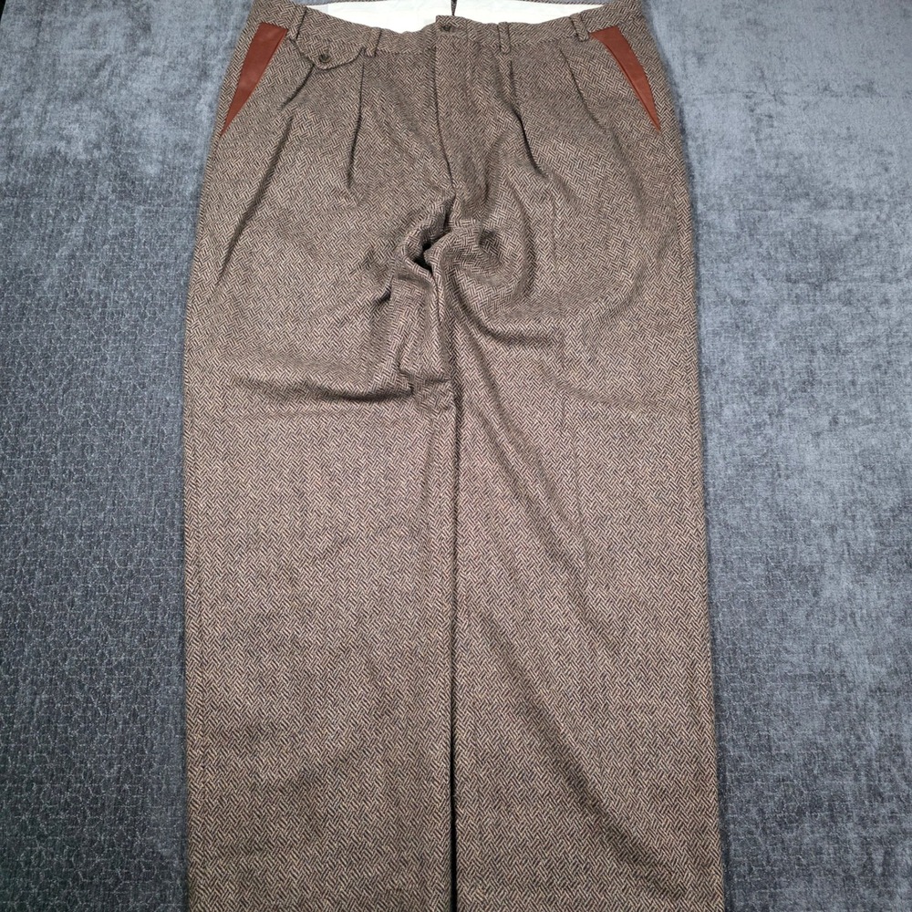 Vtg USA Made Orvis Mens 40 Herringbone Wool Pleated Trousers Leather Trim Brown
